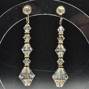 Vintage 1950s Crystal Tiered‎ Dangle Earrings Screw Back Brass Spacers 2.25"